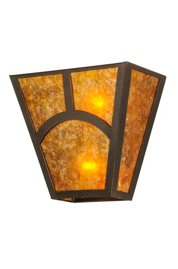 A handsome Arts & Crafts style comes to light through stunning, warm Amber Mica highlighted with an abstract hill top wall fixture design. Solid Steel hardware and frame featured in a striking Copper Vein finish. Perfect for covered porches, entryways and hallways. Handcrafted by Meyda artisans in the Yorkville, NY manufacturing facility at the foothills of the Adirondack Mountains. Options include ADA compliance, wet listing, custom colors, sizes and styles, and LED and other energy efficient lamping. Collection: Mission Finish: Copper Vein Glass: Copper Veimber Mica Width: 13.00" Height: 11.50" Length: 6.75" Weight: 3.50 lb Extension from Wall: 6.75" Number of Bulbs: 2 Maximum Wattage: 60.00 W Bulb Type: A19 Bulb Base: E26 Material: Steel Country of Origin: USA Safety Listing: Damp Safety Rating: Damp