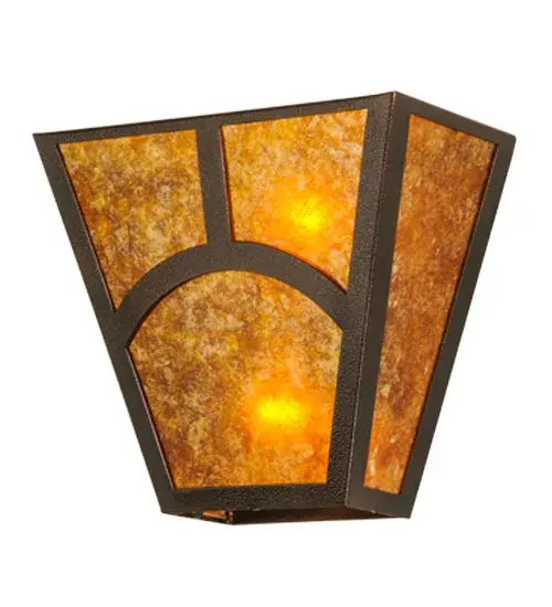 A handsome Arts & Crafts style comes to light through stunning, warm Amber Mica highlighted with an abstract hill top wall fixture design. Solid Steel hardware and frame featured in a striking Copper Vein finish. Perfect for covered porches, entryways and hallways. Handcrafted by Meyda artisans in the Yorkville, NY manufacturing facility at the foothills of the Adirondack Mountains. Options include ADA compliance, wet listing, custom colors, sizes and styles, and LED and other energy efficient lamping. Collection: Mission Finish: Copper Vein Glass: Copper Veimber Mica Width: 13.00" Height: 11.50" Length: 6.75" Weight: 3.50 lb Extension from Wall: 6.75" Number of Bulbs: 2 Maximum Wattage: 60.00 W Bulb Type: A19 Bulb Base: E26 Material: Steel Country of Origin: USA Safety Listing: Damp Safety Rating: Damp - alternate view