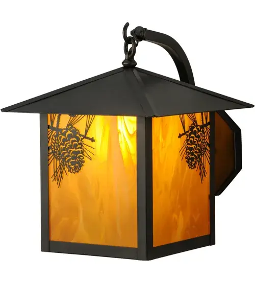 A Winter Pinecone with Pine Needles delicately etched of Solid Brass. Rustic charm comes alive with soft ambient light projected through a stunning Honey Opal Glass diffuser. This large nature inspired indoor/outdoor wall sconce is complemented with Craftsman Brown finished hardware. Handcrafted by highly skilled artisans in our 180,000 square foot manufacturing facility in Yorkville, New York. Diffuser colors, metal finishes and fixture sizes can be customized to your needs. UL and cUL listed for dry, damp and wet locations. Collection: Seneca Finish: Craftsman Brown Glass: Honey Opal Art Glass Width: 13.00" Height: 16.50" Length: 16.00" Weight: 11.00 lb Extension from Wall: 16.00" Number of Bulbs: 1 Maximum Wattage: 60.00 W Bulb Type: A19 Bulb Base: E26 Material: Brass Country of Origin: USA Safety Listing: Damp Safety Rating: Damp - alternate view