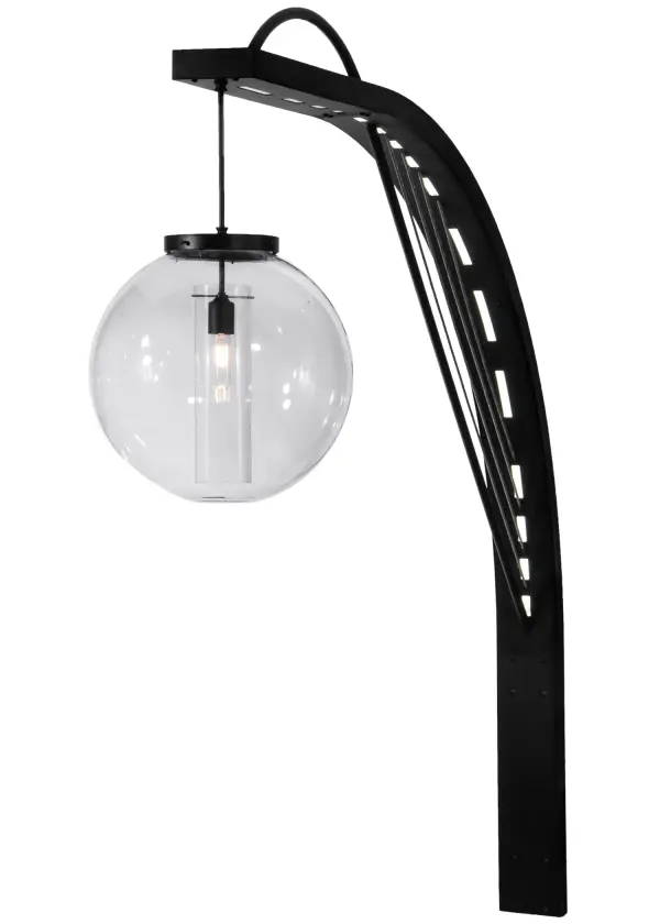 Bold; eye-catching appeal integrates urban modernism with industrial utilitariianism. Innovative wall luminaire features a curvilinear acrylic diffuser designed to house custom lighting elements with inverted wine bottles and cylinders. A towering arc styled support with solid steel harp in striking Black Texture finish illuminates with advanced LED technology. Wet list for outdoor and indoor applications.