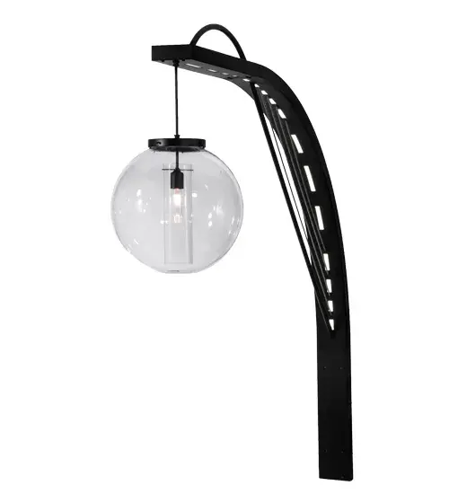 Bold; eye-catching appeal integrates urban modernism with industrial utilitariianism. Innovative wall luminaire features a curvilinear acrylic diffuser designed to house custom lighting elements with inverted wine bottles and cylinders. A towering arc styled support with solid steel harp in striking Black Texture finish illuminates with advanced LED technology. Wet list for outdoor and indoor applications. - alternate view