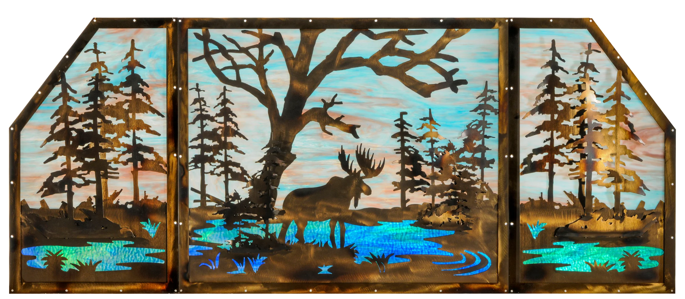 72"W X 30"H Moose at Lake 3 Panel Stained Glass Window