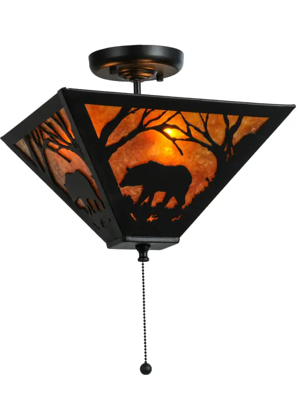 A wildlife inspired setting features a majestic Bear wandering through the woods while the glorious sun rises at the crack of dawn in the background. Soft ambient light is diffused beautifully through an Amber Mica inverted shade which is complemented with Textured Black finished accents and frame. Features an ON-OFF pull chain for added convenience. The Bear at Dawn fixture is Domestically Produced in the USA at our Yorkville; NY manufacturing facility. Customize lens colors; metal finishes and fixture sizes. UL and cUL listed for dry and damp locations.