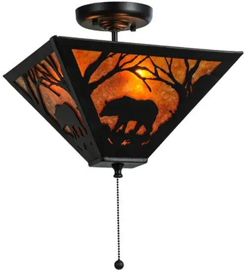 A wildlife inspired setting features a majestic Bear wandering through the woods while the glorious sun rises at the crack of dawn in the background. Soft ambient light is diffused beautifully through an Amber Mica inverted shade which is complemented with Textured Black finished accents and frame. Features an ON-OFF pull chain for added convenience. The Bear at Dawn fixture is Domestically Produced in the USA at our Yorkville; NY manufacturing facility. Customize lens colors; metal finishes and fixture sizes. UL and cUL listed for dry and damp locations. - alternate view