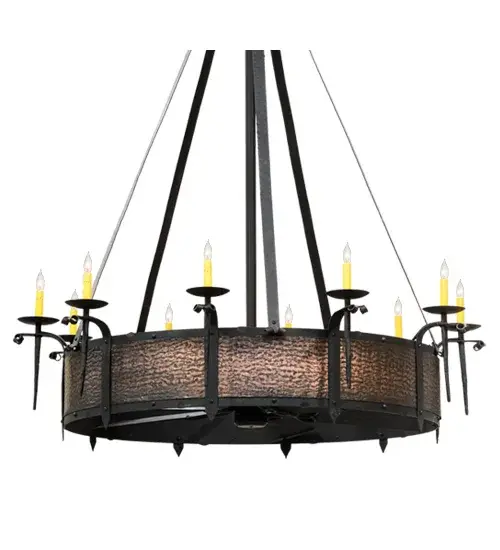 Be the first in your neighborhood to own an innovative Chandel-Air from this award winning collection. A Fan-tastic design that combines a custom lighting design with fan technology. The unique Costello Black finished diffuser is adorned with 10 arms with bobeches and delicate faux candlelights. The hardware Is featured in a Black finish with a Weathered Copper Band. Custom crafted by Meyda artisans in Yorkville; NY. - alternate view