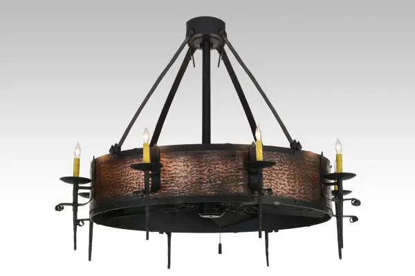 Our Costello design has been added to our innovative award-winning Chandel-Air collection. A Fan-tastic design that combines a custom lighting design with energy-efficient fan technology. The stunning diffuser is adorned with eight delicate faux candlelights perched on bobeches that are connected by curved arms. The hardware Is featured in a Costello Black finish with a Weathered Copper Band. Custom crafted in Yorkville; NY. Designed as an energy saver pulling hot air up and keeps the space cool in the summer. The fan is reversed in the winter to push down hot air and maintain warmth.