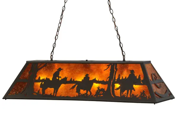 This beautiful oblong pendant features three cowboys with the C LOGO for the Rockin C Ranch finished in Timeless Bronze on an Amber Mica background. The overall height ranges from 18 to 47.5 inches; as the suspension chain can be easily adjusted in the field to meet your lighting requirements. The oblong pendant is ideal for illuminating billiard tables; bars; islands; counters; and dining tables in residential and hospitality locations. The Personalized Rockin C Ranch Oblong Pendant is included in our American-made; American-designed; handcrafted Personalized Lighting Collection and manufactured in Yorkville; New York. UL and cUL listed for dry and damp locations. This specific pendant can be ordered; and we will coordinate the custom logo with you to suit your project. Please call for the price and lead time.