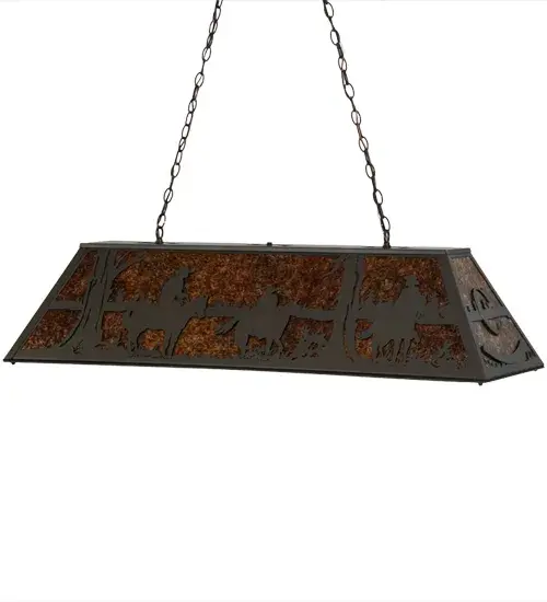 This beautiful oblong pendant features three cowboys with the C LOGO for the Rockin C Ranch finished in Timeless Bronze on an Amber Mica background. The overall height ranges from 18 to 47.5 inches; as the suspension chain can be easily adjusted in the field to meet your lighting requirements. The oblong pendant is ideal for illuminating billiard tables; bars; islands; counters; and dining tables in residential and hospitality locations. The Personalized Rockin C Ranch Oblong Pendant is included in our American-made; American-designed; handcrafted Personalized Lighting Collection and manufactured in Yorkville; New York. UL and cUL listed for dry and damp locations. This specific pendant can be ordered; and we will coordinate the custom logo with you to suit your project. Please call for the price and lead time. - alternate view