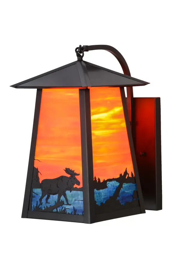 A majestic Moose meanders alongside a woodland lake as the brilliant morning sun rises at dawn. This Craftsman Signature design makes an image that is perfect for picture postcards and great works of art. Eye-catching Sunburst Opal art glass depicts the sky as Blue-Green Ripple art glass represents the water. The wall sconce features decorative accents and hardware in a Craftsman Brown finish. Made to Order in our 180,000 square foot manufacturing facility in Yorkville, New York, located at the foothills of the Adirondack Mountains. Additional wildlife and custom designs available, as well as custom shade colors, finishes and sconce sizes. UL and cUL listed for damp, dry and wet locations. Collection: Stillwater Finish: Craftsman Brown Glass: Orange And Blue Green Art Glass Width: 10.00" Height: 18.00" Length: 14.00" Weight: 12.00 lb Extension from Wall: 14.00" Number of Bulbs: 1 Maximum Wattage: 60.00 W Bulb Type: A19 Bulb Base: E26 Material: Brass Country of Origin: USA Safety Listing: Wet Safety Rating: Wet