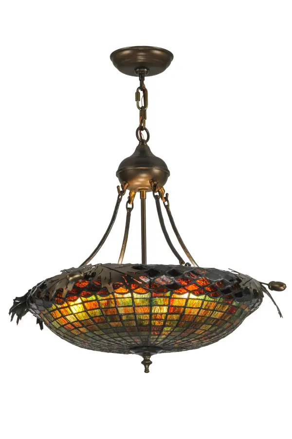 Majestic as the mighty oak is this leaf adorned 5 arm Pendant which is embraced by five arms infished in an Antique Copper finish. The fixture features a stained glass shade in Multi-toned Autumn Green with a Bark Brown granite glass crown. The shade is created using the famous Meyda copperfoil construction. The pendant features three uplights for indirect lighting on the ceiling. The elegant hardware is handcrafted in our 180;000 square foot manufacturing facility in Yorkville; NY. Shade colors; metal finishes and fixture sizes can be customized. UL and cUL listed for dry and damp locations. No two art glass shades will be the same as their individuality can be as remarkably unique as their personality.