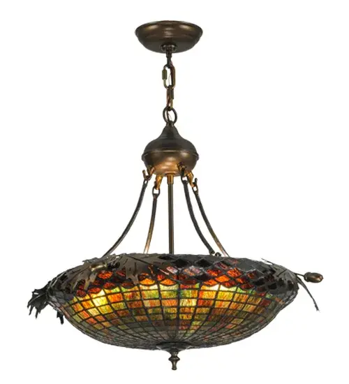 Majestic as the mighty oak is this leaf adorned 5 arm Pendant which is embraced by five arms infished in an Antique Copper finish. The fixture features a stained glass shade in Multi-toned Autumn Green with a Bark Brown granite glass crown. The shade is created using the famous Meyda copperfoil construction. The pendant features three uplights for indirect lighting on the ceiling. The elegant hardware is handcrafted in our 180;000 square foot manufacturing facility in Yorkville; NY. Shade colors; metal finishes and fixture sizes can be customized. UL and cUL listed for dry and damp locations. No two art glass shades will be the same as their individuality can be as remarkably unique as their personality. - alternate view