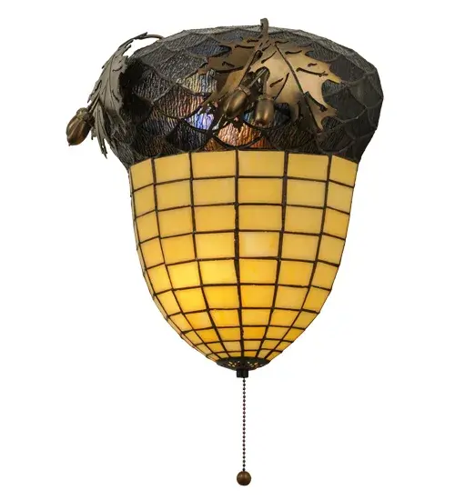 This stunning wall sconce in an Antique Copper finish is as majestic as the mighty oak. The stained glass shade delights with Autumnal Beige Art glass with a Bark Brown and Blue and Purple Granite Textured Glass crown sprouting oak leaf-covered hardware that is handmade by Meyda artisans. The shade is created using the famous Meyda Tiffany copperfoil construction process. This hardwired fixture illuminates with a traditional pull chain. The Greenbriar Oak Wall Sconce is included in our American-made, American-designed, handcrafted Greenbriar Collection and manufactured in Yorkville, New York. UL and cUL listed for dry and damp locations. No two art glass shades will be the same. Collection: Greenbriar Oak Finish: Antique Copper Glass: Stained Glass Width: 12.50" Height: 12.00" Length: 7.00" Weight: 4.50 lb Extension from Wall: 7.00" Number of Bulbs: 2 Maximum Wattage: 60.00 W Bulb Type: A19 Bulb Base: E26 Material: Steel Country of Origin: USA Safety Listing: Damp Safety Rating: Damp - alternate view