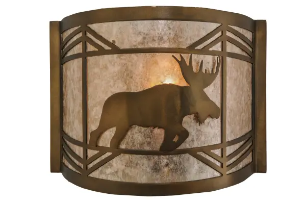 Every Meyda Tiffany item is a unique handcrafted work of art. Natural variations in the wide array of materials that we use to create each Meyda product make every item a masterpiece of its own. Photographs are a general representation of the product. Colors and designs will vary. Collection: Lone Moose Finish: Antique Copper Glass: Silver Mica Width: 11.00" Height: 9.50" Length: 4.50" Weight: 2.00 lb Extension from Wall: 4.50" Number of Bulbs: 1 Maximum Wattage: 60.00 W Bulb Type: A19 Bulb Base: E26 Material: Steel Country of Origin: USA Safety Listing: Damp Safety Rating: Damp