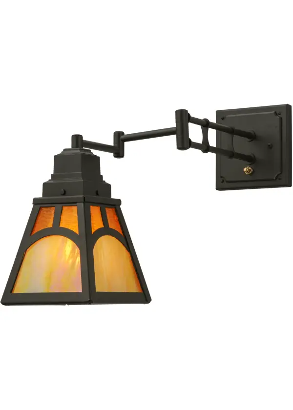 A handsome Arts & Crafts style for a reading light in the bedroom or other spaces. A stunning diffuser features Honey Wispy and Beige Iridescent glass highlighted with an abstract Hill Top wall fixture design. The solid hardware is featured in a striking Timeless Bronze finish. The fixture offers an overall width ranging from 6 to 13 inches and a depth ranging from 9.5 to 21 inches as the swing arm can be adjusted easily in the field. Domestically Produced in our 180;000 square foot manufacturing facility in Yorkville; New York. Customize the lens colors; metal finishes and sizes to meet your desires. UL and cUL listed for dry and damp locations.