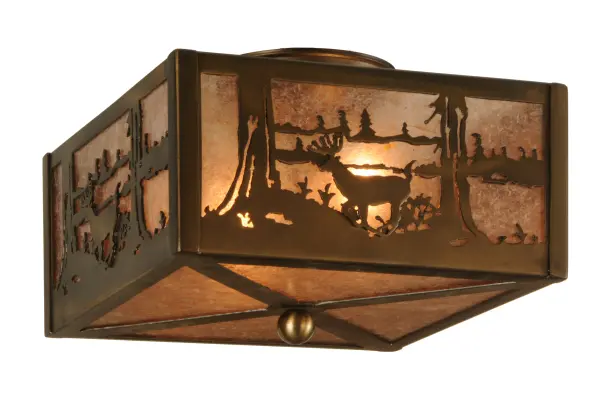 A graceful Buck meanders by a lake in the woods in the beautiful afternoon sun. This nature inspired square shaped ceiling fixture features Silver Mica Panels and is enhanced with an Antique Copper finish. The Deer at Lake Flushmount is Domestically produced in our 180;000 square foot manufacturing facility in Yorkville; NY. Customize metal finishes; shade colors and fixture sizes to your taste. UL and cUL listed for dry and damp locations