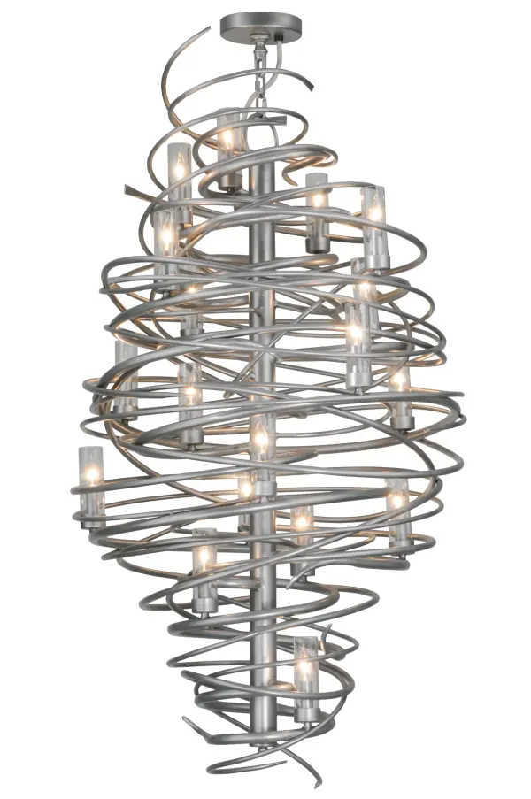 The bold; eye-catching Cyclone simulates whirling winds of energy and gyration with twisting steel that is accentuated with 18 delicately placed beacons to help you weather the storm. The winding mass of steel surrounds a sturdy post; all featured in our Pewter finish. Make an impressive design statement that will wow guests in lobbies; conference rooms; entryways and other residential and commercial spaces. The fixture is handcrafted by master artisans in our Upstate New York manufacturing facility. Custom designs; styles; sizes and dimmable energy efficient lamping such as LEDs are available. This chandelier is UL and cUL listed for damp and dry locations.