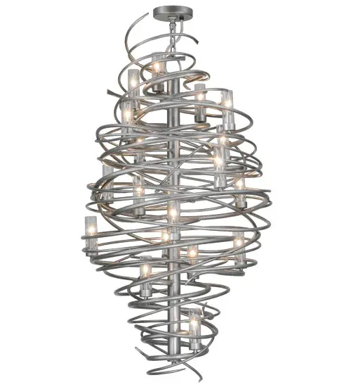 The bold; eye-catching Cyclone simulates whirling winds of energy and gyration with twisting steel that is accentuated with 18 delicately placed beacons to help you weather the storm. The winding mass of steel surrounds a sturdy post; all featured in our Pewter finish. Make an impressive design statement that will wow guests in lobbies; conference rooms; entryways and other residential and commercial spaces. The fixture is handcrafted by master artisans in our Upstate New York manufacturing facility. Custom designs; styles; sizes and dimmable energy efficient lamping such as LEDs are available. This chandelier is UL and cUL listed for damp and dry locations. - alternate view
