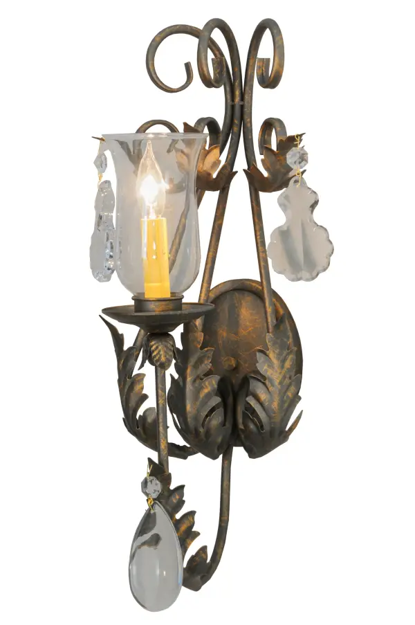 A luxurious wall sconce design comes to light with elegance and glamour. An Amber faux candlelight covered with a Clear Hurricane Glass Shade is perched on a bobeche, which is embraced by an exquisite Acanthus leaf accented arm with Crystal Pendalogues and scrollwork. The decorative accents, frame and hardware are featured in a French Bronze finish. This lovely wall fixture is handcrafted in our facility in Yorkville, New York. Custom sizes, styles, colors and dimmable energy efficient lamping options such as LED are available. The sconce is UL and cUL listed for damp and dry locations. Collection: French Elegance Finish: French Bronze Glass: Clear Hurricane Glass Width: 6.00" Height: 21.00" Length: 11.00" Weight: 4.00 lb Extension from Wall: 11.00" Number of Bulbs: 1 Maximum Wattage: 60.00 W Bulb Type: B10 Bulb Base: E12 Material: Steel Country of Origin: USA Safety Listing: Damp Safety Rating: Damp