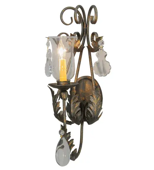 A luxurious wall sconce design comes to light with elegance and glamour. An Amber faux candlelight covered with a Clear Hurricane Glass Shade is perched on a bobeche, which is embraced by an exquisite Acanthus leaf accented arm with Crystal Pendalogues and scrollwork. The decorative accents, frame and hardware are featured in a French Bronze finish. This lovely wall fixture is handcrafted in our facility in Yorkville, New York. Custom sizes, styles, colors and dimmable energy efficient lamping options such as LED are available. The sconce is UL and cUL listed for damp and dry locations. Collection: French Elegance Finish: French Bronze Glass: Clear Hurricane Glass Width: 6.00" Height: 21.00" Length: 11.00" Weight: 4.00 lb Extension from Wall: 11.00" Number of Bulbs: 1 Maximum Wattage: 60.00 W Bulb Type: B10 Bulb Base: E12 Material: Steel Country of Origin: USA Safety Listing: Damp Safety Rating: Damp - alternate view