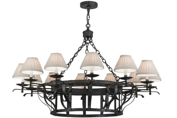 Offered with a sophisticated elegant look, Ethel features 12 White faux candlelights crowned with White Pleated Textrene shades perched on bobeches which are embraced by a drum-shaped frame. The decorative accents and hardware are featured in an Antique Iron finish. Handcrafted by highly skilled artisans in our manufacturing facility in Upstate New York, this transitional styled fixture is available in a wide range of custom choices including various designs, colors, sizes and dimmable energy efficient lamping options such as LED. The chandelier is UL and cUL listed for damp and dry locations. Collection: Ethel Finish: Antique Iron Gate Glass: White Pleated Textrene Width: 52.00" Height: 37.00" Length: 52.00" Weight: 46.50 lb Number of Bulbs: 12 Maximum Wattage: 40.00 W Bulb Type: BA9 Bulb Base: E12 Material: Steel Country of Origin: USA Safety Listing: Damp Safety Rating: Damp