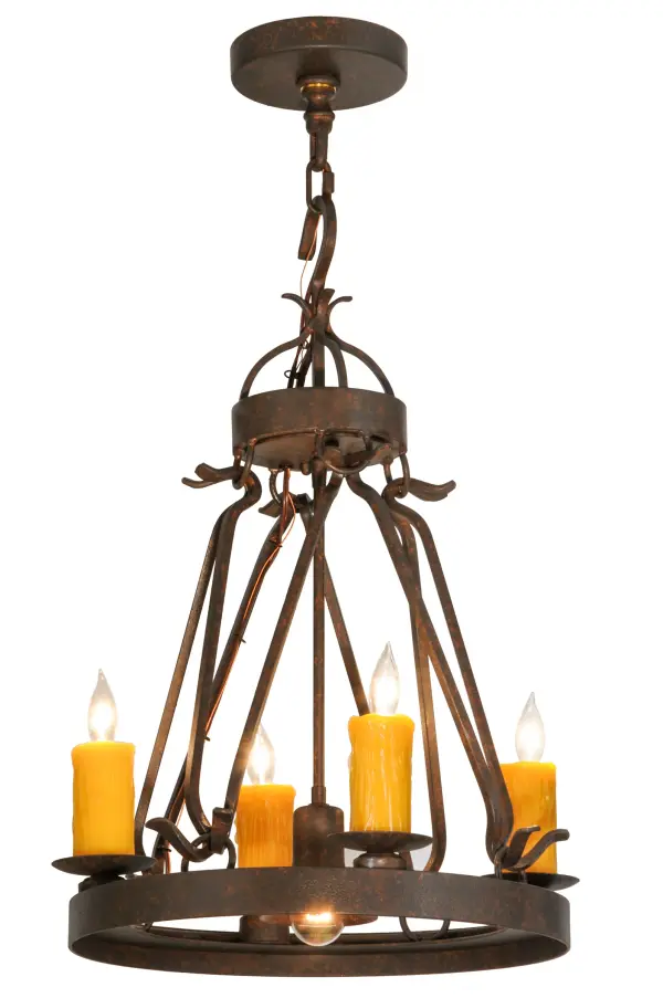 Blending an exquisite style with a rich distinguished look, the Lakeshore features a Cajun Spice finished steel ring that provides timeless beauty and beautiful illumination. Four Amber faux candlelights perched on bobeches, make this fixture ideal for illuminating dining areas, conference tables, lobbies and other residential and commercial spaces. Its MR16 downlight delivers functional illumination on surfaces below. The fixture is handcrafted by artisans in the USA in our manufacturing facility in Yorkville, New York. Custom colors, styles and sizes are available, as well as dimmable energy efficient lamping options such as LED. The fixture is UL and cUL listed for damp and dry locations. Collection: Lakeshore Finish: Cajun Spice Glass: Ruby,Coral,Amber Glass/Acrylic,Chocolate Width: 18.00" Height: 31.00" Length: 18.00" Weight: 22.00 lb Number of Bulbs: 4 Maximum Wattage: 40.00 W Bulb Type: B10 Bulb Base: E12 Material: Steel Country of Origin: USA Safety Listing: Damp Safety Rating: Damp