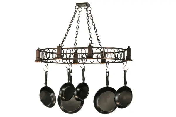 A handsome lighted pot rack design. This alluring ceiling fixture with oval-shaped repeat motifs and a curved shape is reminiscent of the Art Deco era. Revival Deco is highlighted with a Mahogany Bronze finished frame with hooks to display fine cookware or accessories for easy access in kitchens. Six customer-supplied G5 Bi-pin T4 Halogen downlights deliver functional lighting on surfaces below. Overall height ranges from 20 to 82 inches as the chain length can be easily adjusted in the field to accommodate your specific application needs. Handcrafted in our 180,000 square foot manufacturing facility in Yorkville, New York. Lamping styles, metal finishes and fixture sizes can be customized. UL and cUL listed for dry and damp locations. (Cookware not included) Collection: Revival Finish: Mahogany Bronze Glass: Green Width: 27.50" Height: 20.00" Length: 42.50" Weight: 23.00 lb Extension from Wall: 27.50" Number of Bulbs: 6 Maximum Wattage: 35.00 W Bulb Type: T4 Bulb Base: G5 BI PIN Light Source: Halogen Material: Steel Country of Origin: USA Safety Listing: Damp Safety Rating: Damp