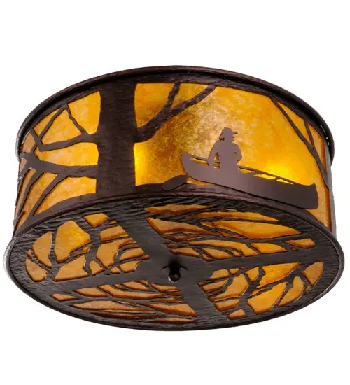 This nature inspired design depicts a sportsman paddling his canoe down a gentle mountain stream with a beautiful moonlit evening sky in the background. The fixture is handcrafted with stunning Amber Mica; which is enhanced with metal hardware and decorative accents that feature a "bark texture" and a warm Mahogany Bronze finish. Handcrafted in the USA by Meyda artisans at the foothills of Upstate New York's Adirondack Mountains; this flushmount is ideal for hallways; foyers and any room where you want to make a charming rustic design statement. Custom colors; designs and sizes are available; as well as dimmable; energy efficient lighting options.