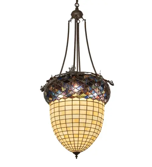 Majestic as the mighty oak; this dramatically styled pendant features an Acorn art glass profile with Oil Rubbed Bronze and Pewter finishes. The stained glass shade delights with Autumnal Beige Art glass with a Bark Brown and Blue and Purple Granite Textured Glass crown sprouting Pewter Oak leaf metal accents and Oil Rubbed Bronze hardware that is handmade by Meyda artisans. The shade is created using the famous Meyda Tiffany copperfoil construction process. Overall height ranges from 57 to 116 inches as the chain can be easily adjusted in the field. The Greenbriar Oak Pendant is included in our American-designed; handcrafted Greenbriar Collection. UL and cUL listed for dry & damp locations. No two art glass shades will be the same. - alternate view