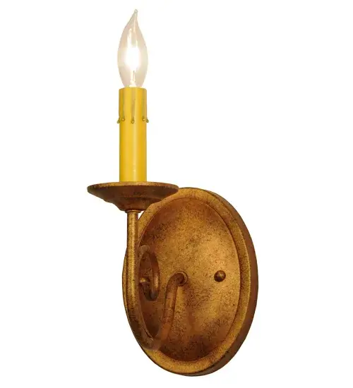 A sumptuous decorative design evokes a rich lustrous charm. Jenna features a stunning Autumn Leaf finish. The Hand-Forged Iron arm and bobeche embrace an Amber faux candlelight. Handcrafted by highly skilled artisans in our 180,000 square foot manufacturing facility in Yorkville, New York. Shade colors, metal finishes and fixture sizes can be customized to your needs. UL and cUL listed for dry and damp locations. Collection: Jenna Finish: Autumn Leaf Glass: Amber Glass/Acrylic,Chocolate,Gold Width: 5.00" Height: 8.50" Length: 7.50" Weight: 1.00 lb Extension from Wall: 7.50" Number of Bulbs: 1 Maximum Wattage: 60.00 W Bulb Type: B10 Bulb Base: E12 Material: Steel Country of Origin: USA Safety Listing: Damp Safety Rating: Damp - alternate view