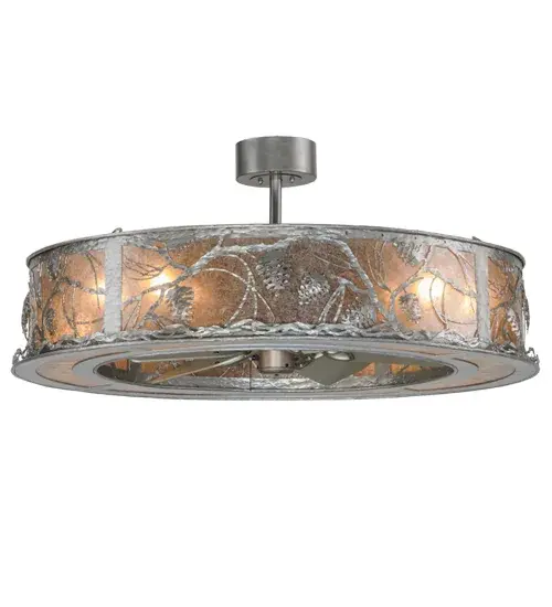 Whether we you call it the award-winning Chandel-Air or a Fan-deLight, you can be the first kid on the block to enjoy the ambiance of light diffused through the rustic shade's Silver Mica panels featuring stunning pinecones and pine branches. Gentle breezes are produced from the 30-inch Piccolo Fan spinning quietly in the center. Designed in a handsome Nickel finish and handcrafted by Meyda Artisans in Yorkville NY. Create the design colors, and the size and style of your choice. Can be adjusted to accommodate flat or vaulted ceilings of any pitch or height. Operates with optional 2-circuit remote control with 3-speed fan control and dimming capabilities up to 200w max. Collection: Whispering Pines Finish: Nickel Bn Glass: Silver Mica Brushed Nickel Width: 45.00" Height: 20.00" Length: 45.00" Weight: 67.00 lb Extension from Wall: 10.00" Number of Bulbs: 8 Maximum Wattage: 60.00 W Bulb Type: A19 Bulb Base: Medium Material: Steel Country of Origin: USA Safety Listing: Damp Safety Rating: Damp - alternate view