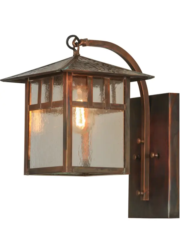 Custom Crafted of Solid Brass.Mission inspired straight lines and a hammered peaked roof are depicted as a handsome American Craftsman Signature style.Ambient light projects through Clear Seeded art glass enhanced with Solid Brass hardware and frame featured in a Vintage Copper finish.Ideal for covered porches; entryways and hallways.Handcrafted by Meyda artisans in the Yorkville; NY manufacturing facility at the foothills of the Adirondack Mountains. Custom colors; styles and sizes available.Energy efficient lamping options.