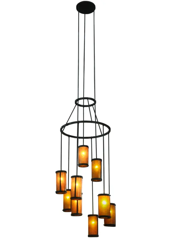 An innovative, stunning transitional look. Nine cylindrical Amber Mica shades suspended from this two tier chandelier. Three shades suspended at staggered heights from three rods attached to the canopy, with six shades hanging at different lengths from the lower of two tiers. The upper tier embraces the lower tier with angular supports. All rings, rods and hardware hand finished in a bold Costello Black. Ideal for high ceiling spaces including foyers and entryways, lobbies, houses of worship, ballrooms, and more. Handcrafted by Meyda artisans in our manufacturing facilities in the USA. Custom colors, styles and sizes available. Energy efficient lamping options. Collection: Cartier Finish: Timeless Bronze Glass: Amber Mica Width: 35.00" Height: 150.00" Length: 35.00" Weight: 49.00 lb Number of Bulbs: 9 Maximum Wattage: 60.00 W Bulb Type: A19 Bulb Base: E26 Material: Steel Country of Origin: USA Safety Listing: Damp Safety Rating: Damp