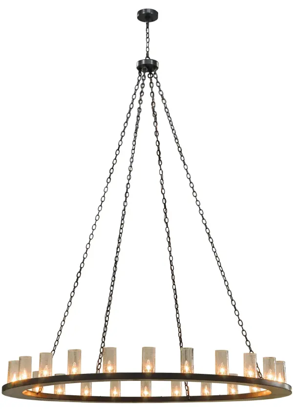 Handcrafted of iron by the skillful hands of Meyda artisans, the striking Loxley chandelier is topped with 24 Clear Seeded glass candle columns. This transitional fixture is made in the USA with hardware finished in a Timeless Bronze. Perfect for residential, hospitality, retail or commercial applications. Custom sizes, styles and colors available. Energy efficient options. Collection: Loxley Finish: Timeless Bronze Glass: Clear Seeded Glass Width: 72.00" Height: 96.00" Length: 72.00" Weight: 108.00 lb Number of Bulbs: 24 Maximum Wattage: 40.00 W Bulb Type: F15 Bulb Base: E26 Material: Steel Country of Origin: USA Safety Listing: Damp Safety Rating: Damp