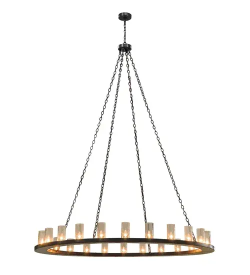 Handcrafted of iron by the skillful hands of Meyda artisans, the striking Loxley chandelier is topped with 24 Clear Seeded glass candle columns. This transitional fixture is made in the USA with hardware finished in a Timeless Bronze. Perfect for residential, hospitality, retail or commercial applications. Custom sizes, styles and colors available. Energy efficient options. Collection: Loxley Finish: Timeless Bronze Glass: Clear Seeded Glass Width: 72.00" Height: 96.00" Length: 72.00" Weight: 108.00 lb Number of Bulbs: 24 Maximum Wattage: 40.00 W Bulb Type: F15 Bulb Base: E26 Material: Steel Country of Origin: USA Safety Listing: Damp Safety Rating: Damp - alternate view