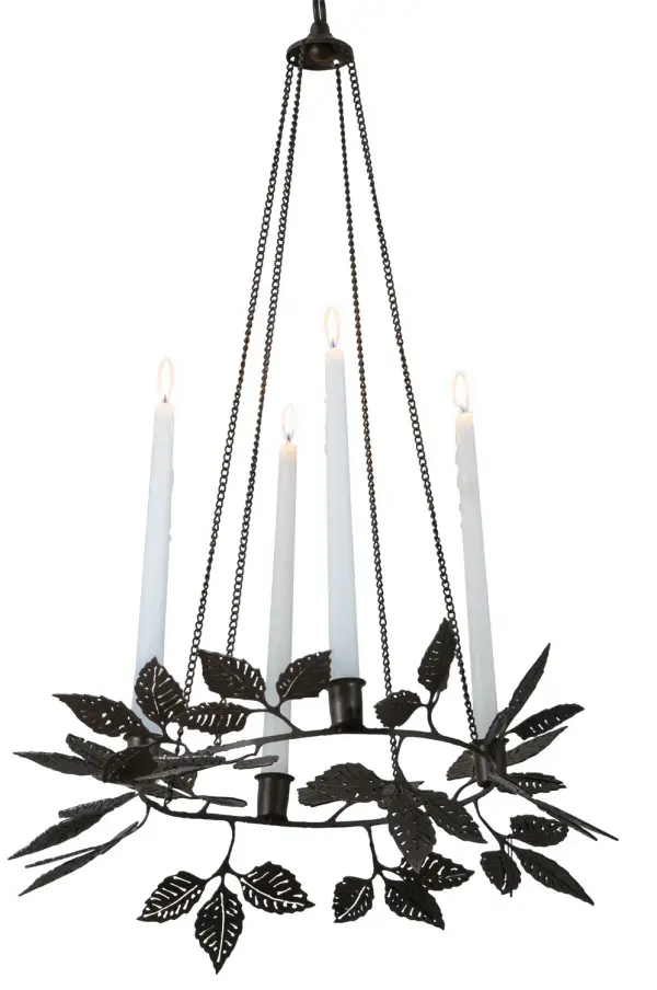 Offering a natural charm and traditional elegance, Autumn Crown features four White Candles embraced by a decorative frame adorned with metal Leaf Accents in a Cafe Noir finish. This beautiful pendant is perfect for illuminating entryways and dining areas in fine residences, restaurants, and hotels from Charlotte, North Carolina, to Columbus, Ohio, to Phoenix, Arizona. The Autumn Crown Pendant is included in our American-made, American-designed, handcrafted Traditional Lighting Collection and is manufactured in Yorkville, New York. Collection: Autumn Crown Finish: Cafe Noir Glass: Ruby,Chocolate,Black Metal Finish Width: 18.00" Height: 28.00" Length: 18.00" Weight: 3.00 lb Number of Bulbs: 6 Bulb Type: A19 Bulb Base: Medium Material: Steel Country of Origin: USA Safety Listing: Dry Safety Rating: Dry