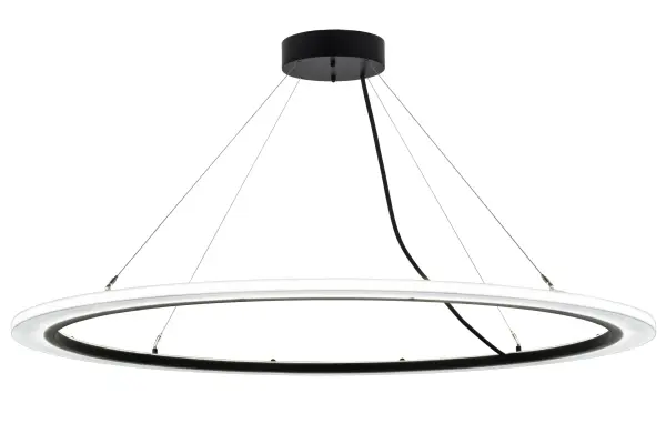 A modern sophisticated pendant featuring an extraordinary element of ambient light; this spectral halo creates a stunning visual effect and breathtaking drama. Supported by sturdy spacecraft cables for balance and precision; this Solar Black finished ring reveals a Contrail Mist Idalight diffuser. Meyda's integral LEDs deliver dimmable; robust illumination; energy savings; minimal maintenance and long life. Custom sizes; styles and finishes are available; as well as other lamping options. This upscale Anillo 60-inch wide pendant is UL and cUL listed for damp and dry locations.