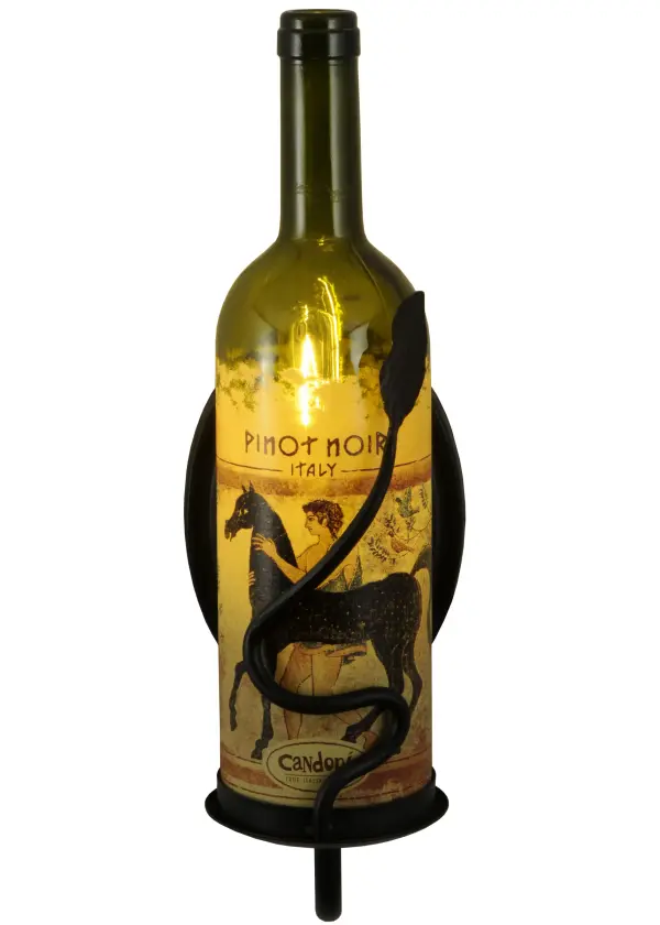 Liven up a restaurant; club; or home with a light fixture that does so much more than deliver light; it adds personality and pizzazz. The customer supplied this Green Glass wine bottle; which features their preferred brand and label. The bottle is embraced by a graceful vine-like accent and hardware offered in a Textured Black finish. The wall sconce is perfect for dining areas and other spaces in homes; restaurants; hotels; pubs; nightclubs; wineries; and retailers; this fixture will be appreciated for its fine detail and charm by connoisseurs. This rich-looking Tuscan Vineyard Personalized Wine Bottle Wall Sconce is included in our American-made; American-designed; handcrafted Wine Bottle Lighting Collection. The fixture is manufactured in Yorkville; New York. UL and cUL listed for dry and damp locations. Take your finest bottle of wine; and Meyda will transform it into an everlasting personalized fixture of light. Contact us for more information on custom wine bottle lighting fixtures and lamps. You can also create custom lighting with beer bottles; mason jars; milk bottles; and other glass containers and vessels by contacting us!