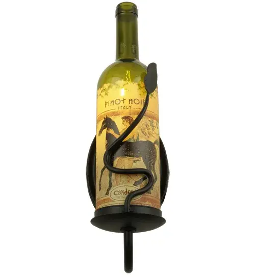 Liven up a restaurant; club; or home with a light fixture that does so much more than deliver light; it adds personality and pizzazz. The customer supplied this Green Glass wine bottle; which features their preferred brand and label. The bottle is embraced by a graceful vine-like accent and hardware offered in a Textured Black finish. The wall sconce is perfect for dining areas and other spaces in homes; restaurants; hotels; pubs; nightclubs; wineries; and retailers; this fixture will be appreciated for its fine detail and charm by connoisseurs. This rich-looking Tuscan Vineyard Personalized Wine Bottle Wall Sconce is included in our American-made; American-designed; handcrafted Wine Bottle Lighting Collection. The fixture is manufactured in Yorkville; New York. UL and cUL listed for dry and damp locations. Take your finest bottle of wine; and Meyda will transform it into an everlasting personalized fixture of light. Contact us for more information on custom wine bottle lighting fixtures and lamps. You can also create custom lighting with beer bottles; mason jars; milk bottles; and other glass containers and vessels by contacting us! - alternate view