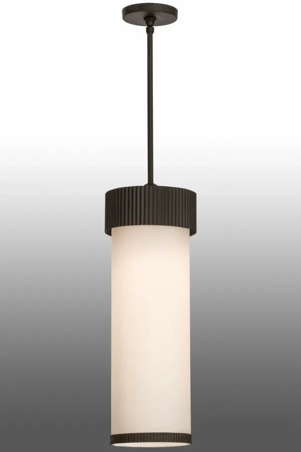 A clean transitional look is achieved with this smartly designed, cylindrical shaped pendant. White glass is topped with a corrugated steel crown and matching lower trim, that are complemented with Oil Rubbed Bronze finished hardware. Custom crafted at the Meyda facility in Upstate New York. Custom sizes, styles and colors are available, as well as dimmable energy efficient lamping options. Collection: Cilindro Finish: Oil Rubbed Bronze Glass: White Frosted Glass Width: 8.00" Height: 39.50" Length: 8.00" Weight: 11.00 lb Number of Bulbs: 1 Maximum Wattage: 60.00 W Bulb Type: Medium Bulb Base: Medium Material: Steel Country of Origin: USA Safety Listing: Damp Safety Rating: Damp