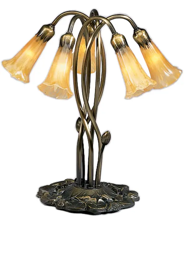 One of the most popular Louis Comfort Tiffany styled lamps on the market today, recreating his famous Favrile design from the early 1900's. This mottled rich Amber shaded 5 Light Accent Lamp offers an attractive, delicate design featuring shades mouth blown of fine art glass. Lily shades are suspended from stems delicately winding above a Lily pad base finished by hand in Mahogany Bronze. Collection: Amber Finish: Mahogany Bronze Glass: Amber Width: 14.00" Height: 17.00" Length: 14.00" Weight: 7.50 lb Extension from Wall: 15.00" Number of Bulbs: 5 Maximum Wattage: 15.00 W Bulb Type: B10 Bulb Base: E12 Material: Metal Country of Origin: CHINA Safety Listing: Dry Safety Rating: Dry