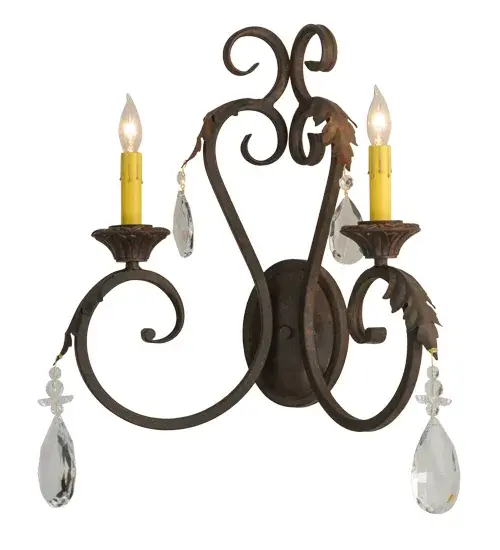 Offering luxurious charm and elegance; Josephine features an exquisite wall sconce design with Hand-forged scrolled arms and Acanthus leaf accents in a Cajun Spice Textured finish. The stunning wall fixture reveals two Amber faux candlelights which are perched on decorative bobeches for beautiful ambient illumination. Custom crafted in the USA; this lovely fixture is available in custom sizes; styles and colors; as well as dimmable energy efficient lamping options such as LED. The sconce is UL and cUL listed for dry and damp locations.