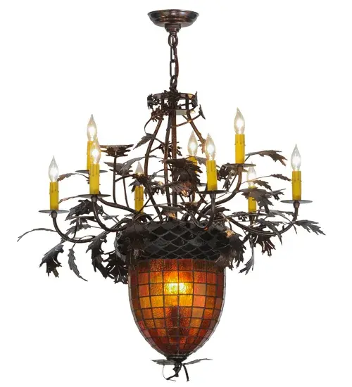 Visually impressive as the mighty Oak Tree; this Acorn-shaped art glass shade is featured in Multi-toned Autumn Greens; Beige and Browns and crowned with Bark Brown granite glass sprouting metal Oak leaves; Branches and Acorns in a Copper Vein finish. 9 Ivory faux wax dripping candlelights provide ambient illumination. The shade is created using the famous Meyda Tiffany copperfoil construction process. Overall height ranges from 34 to 63 inches as the chain can be easily adjusted in the field. Domestically Produced in our 180;000 sq ft manufacturing facility in Yorkville; NY. UL and cUL listed for dry and damp locations. No two art glass shades will be the same as their individuality can be as remarkably unique as their personality. - alternate view