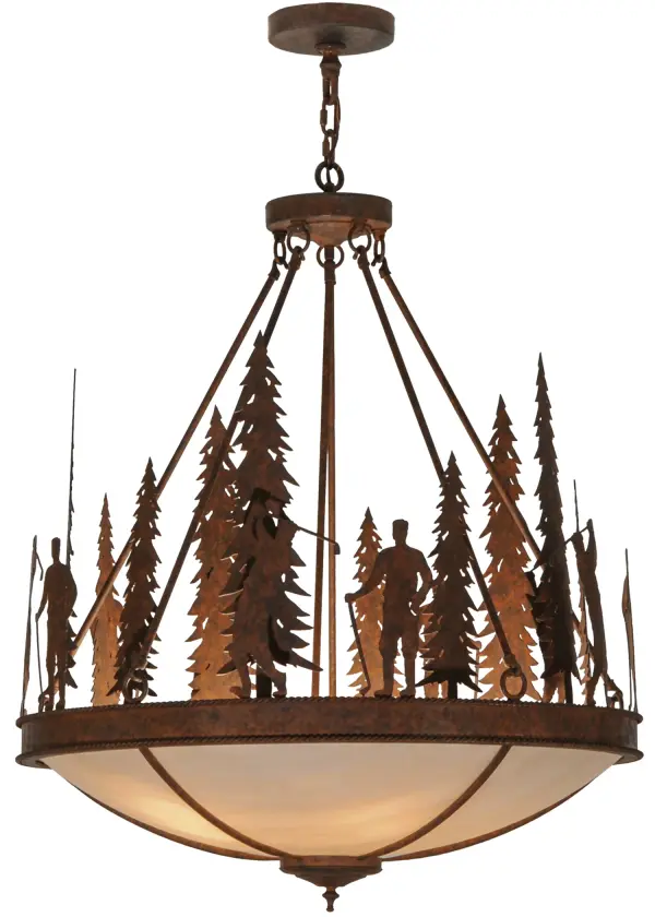 An artistically designed pendant features Golfers in different poses among Tall Pine Trees out on the links. Below the sportsman silhouetted setting is the Fleshtone Idalight shade which is embraced by a Rusty Nail finished frame with hardware. Handmade in Yorkville; NY; this pendant is available in custom sizes; styles and finishes. Dimmable energy efficient lamping options; including LED; are available. The 30-inch wide fixture is UL and cUL listed for dry and damp locations.