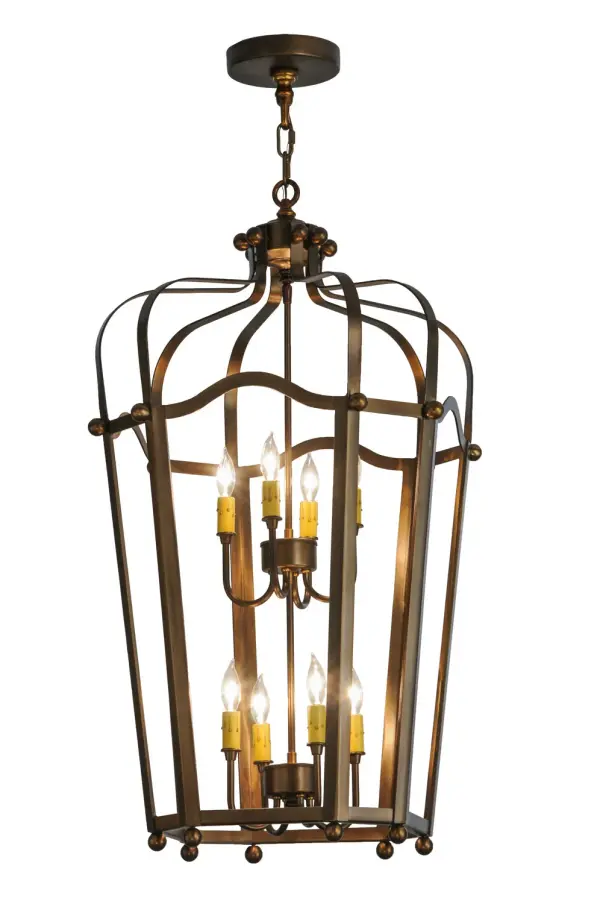 Utilizing a blend of timeless craftsmanship and classic design, the ever-popular Citadel brings home unsurpassed quality and shapely appeal. Beautiful ambient light is projected using two 4-light faux candelabras from within this pendant, which features an open profile. Citadel is enhanced with a dramatic design and frame featured in an Antique Copper finish. The fixture is handcrafted by skilled artisans in our American factory in Upstate New York. Custom options include various sizes, colors, designs and dimmable energy efficient lamping. UL and cUL listed. Collection: Citadel Finish: Antique Copper Width: 22.00" Height: 36.00" Length: 22.00" Weight: 24.00 lb Number of Bulbs: 8 Maximum Wattage: 60.00 W Bulb Type: BA9 Bulb Base: E12 Material: Steel Country of Origin: USA Safety Rating: Damp