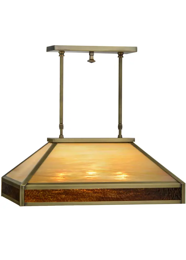 A stunning Mission styled pendant inspired by the Arts & Crafts movement. Luxurious Beige Iridescent art glass shade trimmed with Root Beer glass complemented with hardware and a frame finished in Antique Brass. Equipped with hardware allowing the overall height to range from 30 to 44 inches from the ceiling. Perfect for illuminating dining tables; islands; and counters. Custom crafted by the hands of Meyda artisans in Yorkville; New York. Custom colors; styles and sizes available; as well as dimmable energy efficient lamping options. The 24-inch long pendant is UL and cUL listed for dry and damp locations.