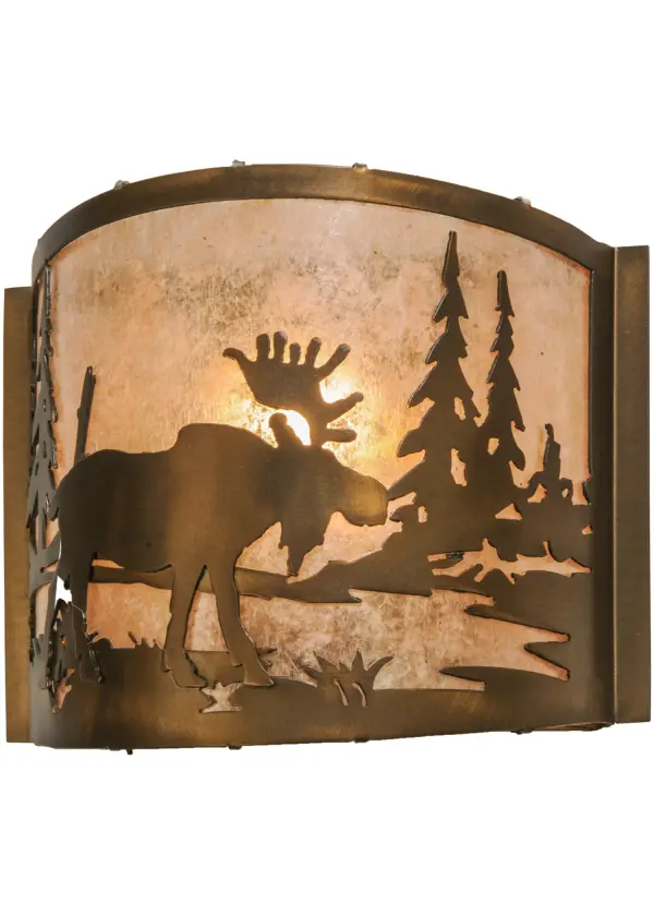 A nature-inspired design of a Moose standing in the woods with the sun rising in the background highlights this pendant with a warm look of Silver Mica panels. This striking fixture is featured in an Antique Copper finish and handcrafted in the USA by Meyda artisans at the foothills of Upstate New York's Adirondack Mountains. Custom colors, designs, and sizes available. Energy efficient lighting options. Collection: Moose At Lake Finish: Antique Copper Glass: Silver Mica Width: 12.00" Height: 9.50" Length: 4.50" Weight: 2.50 lb Extension from Wall: 4.50" Number of Bulbs: 1 Maximum Wattage: 60.00 W Bulb Type: A19 Bulb Base: E26 Material: Steel Country of Origin: USA Safety Listing: Damp Safety Rating: Damp