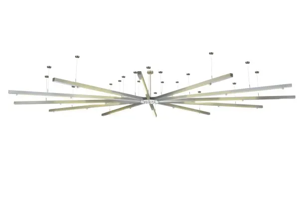 A remarkable out-of-this-world lighting system that will enlighten and elevate a space with ease. This interstellar, satellite-style pendant features perfectly balanced, intersecting arms and high-quality LED illumination for decorative ambiance and a harmonious interplay of bold forms and pragmatic functions. The massive pendant is perfect for entryways, lobbies, reception areas, and other spaces in large residences, hotels, and restaurants, from Hartford, Connecticut, to Brooklyn, New York, to Los Angeles, California. The Galactica 12 Arm LED Pendant System is featured in our American-made, American-designed, handmade Industrial Lighting Collection and manufactured in Yorkville, New York. UL and cUL listed for dry and damp locations. Collection: Galactica Finish: Brushed Aluminum Glass: Clear,Seedy Width: 210.00" Height: 124.00" Length: 142.00" Weight: 123.00 lb Extension from Wall: 142.00" Number of Bulbs: 12 Maximum Wattage: 12.00 W Bulb Type: T8 Bulb Base: G5 BI PIN Light Source: LED Material: Aluminum Country of Origin: USA Safety Listing: Dry Safety Rating: Dry LED