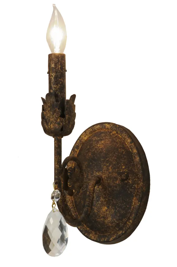 Exquisite styling and luxurious charm are reflected in the Antonia Wall Sconce, which is adorned with a faux candlelight and Hand-Forged Iron Hardware featured in an Old Gold finish. The fixture is enhanced with a floral bobeche, scrolled arm and Crystal droplet accent. The fixture features quality materials and hand detailed American craftsmanship perfected by years of time honored artistry, passed down from generations of highly skilled artisans. Custom sizes, styles, colors and dimmable energy efficient lamping options such as LED are available. The fixture is UL and cUL listed for damp and dry locations. Collection: Antonia Finish: Old Gold Glass: Chocolate,Gold Width: 5.00" Height: 10.50" Length: 7.00" Weight: 1.50 lb Extension from Wall: 7.00" Number of Bulbs: 1 Maximum Wattage: 40.00 W Bulb Type: BA9 Bulb Base: Candelabra Material: Steel Country of Origin: USA Safety Listing: Damp Safety Rating: Damp
