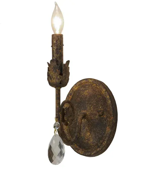 Exquisite styling and luxurious charm are reflected in the Antonia Wall Sconce, which is adorned with a faux candlelight and Hand-Forged Iron Hardware featured in an Old Gold finish. The fixture is enhanced with a floral bobeche, scrolled arm and Crystal droplet accent. The fixture features quality materials and hand detailed American craftsmanship perfected by years of time honored artistry, passed down from generations of highly skilled artisans. Custom sizes, styles, colors and dimmable energy efficient lamping options such as LED are available. The fixture is UL and cUL listed for damp and dry locations. Collection: Antonia Finish: Old Gold Glass: Chocolate,Gold Width: 5.00" Height: 10.50" Length: 7.00" Weight: 1.50 lb Extension from Wall: 7.00" Number of Bulbs: 1 Maximum Wattage: 40.00 W Bulb Type: BA9 Bulb Base: Candelabra Material: Steel Country of Origin: USA Safety Listing: Damp Safety Rating: Damp - alternate view