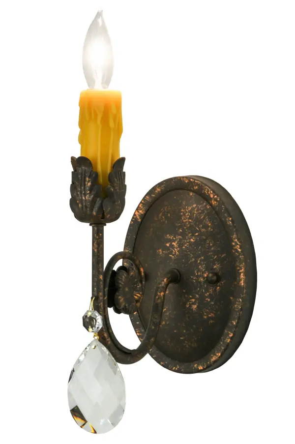 Exquisite styling and luxurious charm are reflected in the Antonia wall sconce which features a faceted Crystal Pendalogue with a scroll arm, acanthus leaves and hand-forged hardware in a Gilded Tobacco finish. This elegant wall sconce embraces an Amber faux candlelight. Custom crafted by highly skilled artisans in our 180,000 square foot manufacturing facility in Yorkville, New York. Custom sizes, styles, finishes and dimmable energy efficient lamping options are available. UL and cUL listed for damp and dry locations. Collection: Antonia Finish: Gilded Tobacco Glass: Sunflower,Chocolate,Gold Width: 5.00" Height: 11.00" Length: 7.50" Weight: 1.00 lb Extension from Wall: 7.50" Number of Bulbs: 1 Maximum Wattage: 40.00 W Bulb Type: B10 Bulb Base: E12 Material: Steel Country of Origin: USA Safety Listing: Damp Safety Rating: Damp